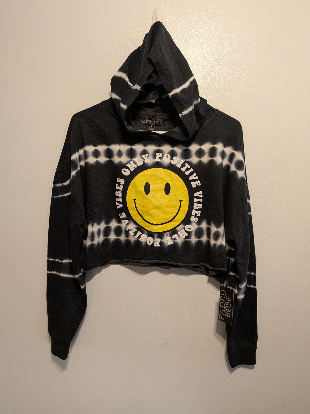 Faded Glory Women’s Black Tie-Dye Cropped Hoodie with Yellow Smiley